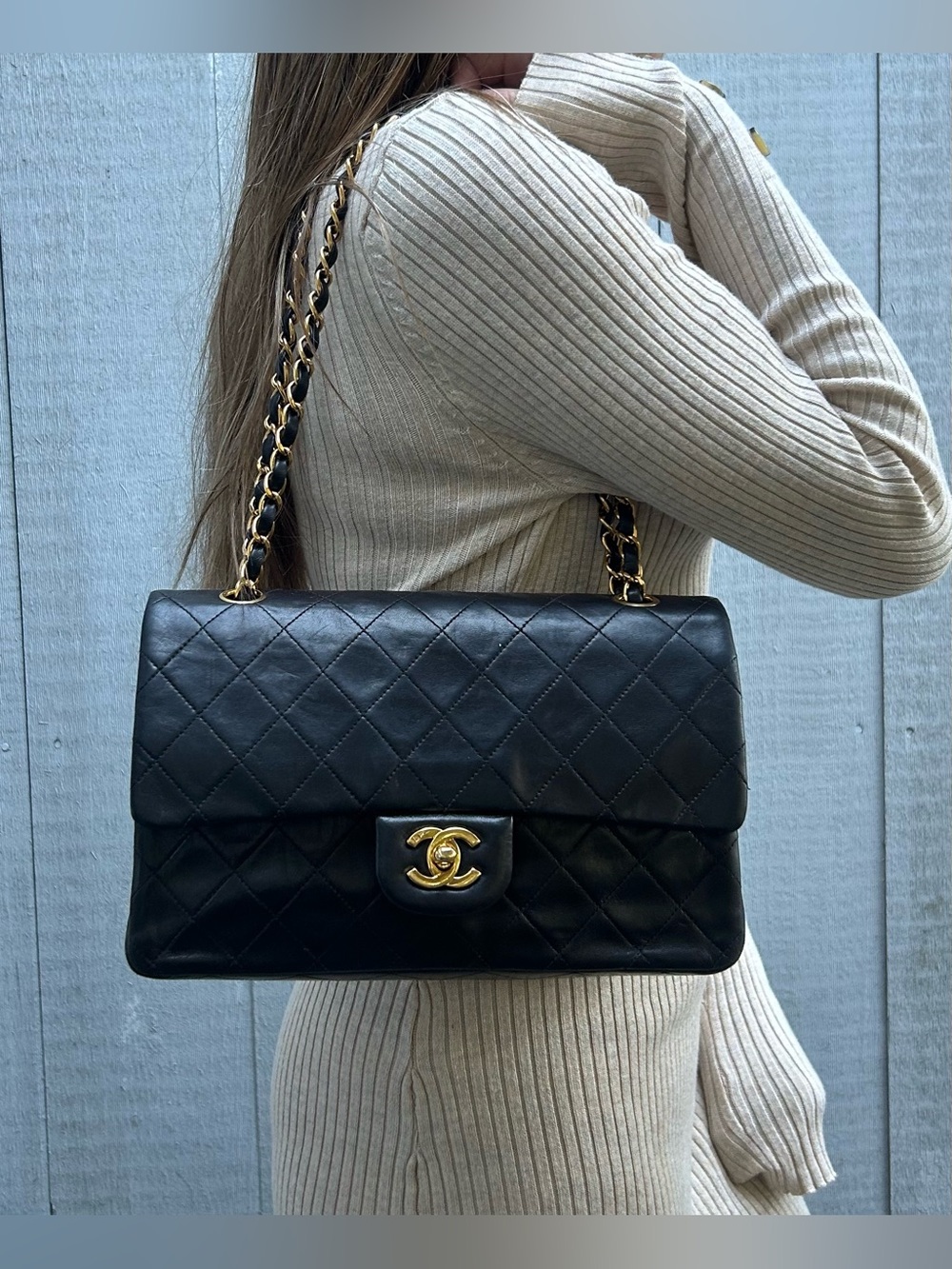 CHANEL Medium Classic Double Flap Lambskin Quilted Handbag Black / 24k Gold